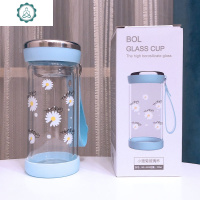 小雏菊双层水杯女带提绳玻璃杯创意便携潮流简约清新可爱学生杯子 封后 蓝色小雏菊双层杯320ml送吊绳+杯刷