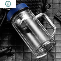 索赫双层大容量加厚家用耐热玻璃杯把带过滤办公室男泡茶杯水杯子商务 封后 办公耐热玻璃杯350ml[皮纹蓝]