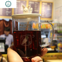 韩版创意卡通兔子耐热玻璃杯可爱办公室带盖勺女学生早餐牛奶喝水杯子 封后 方框萝卜送杯刷+白勺子