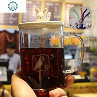 韩版创意卡通兔子耐热玻璃杯可爱办公室带盖勺女学生早餐牛奶喝水杯子 封后 方框萝卜送杯刷+白勺子+耐热玻璃管