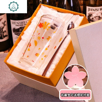 日式樱花果汁牛奶吸管水杯女耐热玻璃杯大容量带刻度创意带盖耐热茶杯 封后 礼盒~枫叶刻度杯(盖、勺、管)