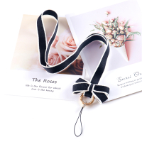 火豹少女心甜美可爱手工蝴蝶结织带手机挂绳指环扣钥匙防丢腕带挂脖绳 藏青挂脖款雪花边金圈蝴蝶结手机挂饰