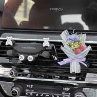 火豹手机车载支架卡通可爱女汽车内空调出风口车上支撑导航架通用 新款-白色小熊手机支架+勿忘我花束手机座