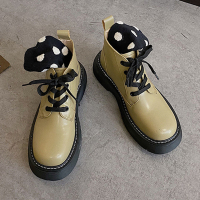 Ideamini2021年新款厚底系带马丁短靴女橄榄绿裸靴时尚大头小皮鞋松糕单鞋休闲鞋