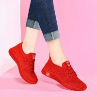 Ideamini运动鞋女士2021年新款夏季透气平底百搭网面红色轻便软底跑步单鞋休闲鞋