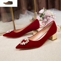 Ideamini秀禾服婚鞋2021年新款春季加绒粗跟中跟鞋女新娘鞋孕妇可穿不累脚休闲鞋