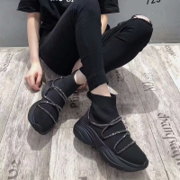 Ideamini2021早春新款时尚弹力针织高帮鞋休闲厚底松糕运动鞋女欧货休闲鞋