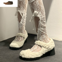 Ideamini毛毛鞋女秋冬外穿百搭羔毛小皮鞋女大头娃娃鞋单鞋粗跟玛丽珍鞋休闲鞋