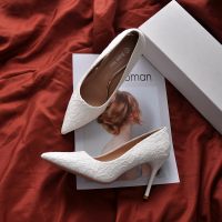 Ideamini白色高跟鞋女细跟2021年新款配婚纱伴娘蕾丝婚鞋女单鞋晚礼服宴会休闲鞋