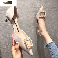 Ideamini低跟单鞋女3cm春季新款珍珠方扣气质名媛礼服白色高跟鞋细跟中空休闲鞋