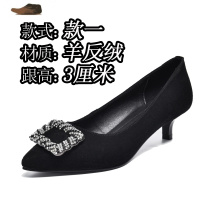 Ideamini女鞋高跟鞋女2021年新款细跟皮单鞋小皮鞋中跟鞋子尖头浅口磨砂休闲鞋