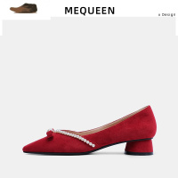 Ideamini珍珠红色婚鞋女低跟孕妇2021新款春季中式粗跟秀禾婚纱两穿新娘鞋休闲鞋