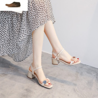 Ideamini皮凉鞋女2021夏天新款仙女风中跟粗跟时尚一字带软底舒适高跟鞋休闲鞋