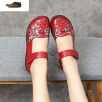 Ideamini民族风皮妈妈鞋春秋复古牛筋软底跳舞鞋中老年人平底女舒适单鞋休闲鞋