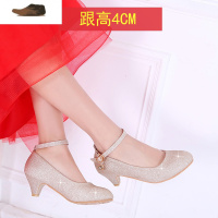 Ideamini水晶婚鞋女香槟色粗跟一字带百搭婚纱新娘鞋舒适伴娘鞋舞台演出鞋休闲鞋