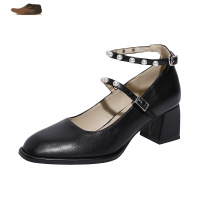 Ideamini粗跟单鞋子女2021年新款百搭玛丽珍鞋女复古方头浅口中跟高跟鞋春休闲鞋