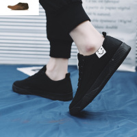 Ideamini夏天男士透气纯黑色帆布鞋系带板鞋男低帮单鞋韩版百搭学生小黑鞋休闲鞋