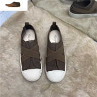 Ideaminichic韩国时尚休闲懒人一脚蹬帆布鞋女交叉带圆头厚底学生低帮鞋潮休闲鞋