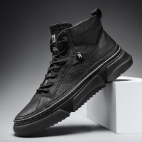 Ideamini男鞋春季板鞋英伦风高帮皮鞋男士马丁靴全黑色厨师防水防滑皮靴子休闲鞋