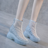 Ideamini2021超高跟透气凉鞋夏季厚底镂空内增高果冻水晶底女靴子网纱短靴休闲鞋