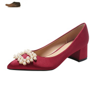 Ideamini婚鞋秀禾婚纱两穿2021年新款新娘鞋粗跟珍珠酒红色伴娘鞋高跟鞋女休闲鞋