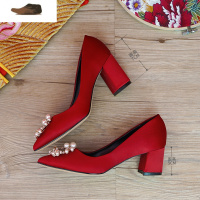 Ideamini婚鞋女粗跟2020年新款孕妇结婚新娘鞋大红色中式秀禾服水晶高跟鞋休闲鞋