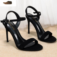 Ideamini2021夏季新款绒面圆头细高跟鞋露趾一字带凉鞋百搭黑色礼服宴会鞋休闲鞋