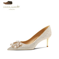 Ideaminimonobabie婚宴鞋2021新款金色水晶婚鞋女新娘主婚纱高跟伴娘单鞋休闲鞋