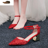 Ideamini粗跟婚鞋女2021年新款婚纱新娘水晶鞋亮片中式秀禾鞋红色高跟孕妇休闲鞋
