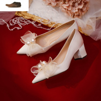 Ideamini白色高跟鞋粗跟结婚鞋子女2021年新款婚纱新娘鞋孕妇平时可穿伴娘休闲鞋
