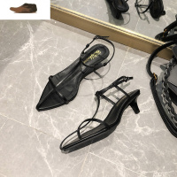 Ideamini超百搭韩版尖头细跟女凉鞋一字细带矮跟3厘米扣带罗马女鞋子凉鞋