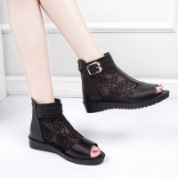 Ideamini暗玫瑰花女鞋新款春秋夏露趾凉鞋女漆皮拉链网纱透气凉靴平跟平底凉鞋