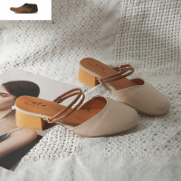Ideamini包头凉鞋女夏粗跟2021新款学生百搭韩版中跟温柔风复古两穿拖鞋潮凉鞋