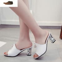 Ideamini高跟凉拖鞋女2021夏季新款韩版水钻鱼嘴凉鞋室外穿中跟百搭一字拖凉鞋