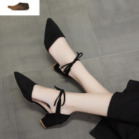 Ideamini酒红色单鞋女粗跟高跟鞋2020夏秋款中跟尖头浅口婚鞋绑带黑色中跟凉鞋