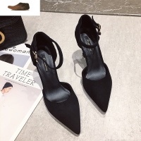 Ideamini韩版职业高跟鞋女2020春秋新款尖头绒面细跟中空气质一字扣单鞋女凉鞋