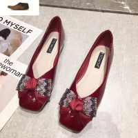 Ideamini香港鞋子2021新款韩版方头浅口皮平底鞋女百搭蝴蝶结软底女单鞋休闲鞋