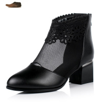 Ideamini2021春夏季新款皮网靴女靴子单靴女凉鞋镂空透气中跟粗跟网纱凉鞋