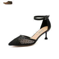 Ideamini包头凉鞋女仙女风网纱女鞋2021夏高跟镂空波点尖头单鞋猫跟一字扣凉鞋