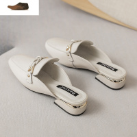 Ideamini包头半拖鞋女外穿2021新款金属扣皮凉鞋无后跟懒人鞋平底鞋凉鞋