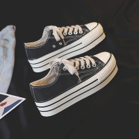 Ideamini韩国黑色低帮帆布鞋女2021新款春夏增高厚底松糕鞋软底休闲小白鞋休闲鞋