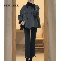 NEW LAKE灰色呢子大衣女季毛呢外套2023新款小个子加厚韩系短款赫本风