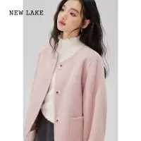 NEW LAKE木易易 粉色短款毛呢外套女2023季新款韩版小个子双面呢大衣