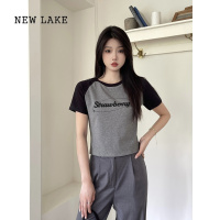 NEW LAKE三木子自制 美式复古撞色短袖t恤女夏季新款小个子辣妹正肩上衣女