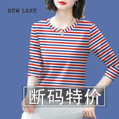 NEW LAKE~2024春秋新款妈妈装长袖圆领打底衫遮肚显瘦T恤女上衣潮