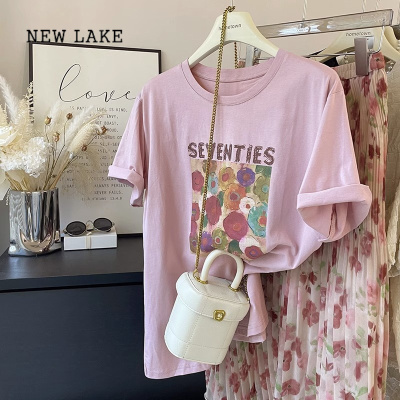 NEW LAKE复古字母花朵晕染油画风格纯棉短袖T恤女 夏季宽松白色粉色体恤薄