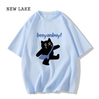 NEW LAKE猫咪短袖t恤女2024新款夏季纯棉卡通白色早春韩系穿搭小个子上衣