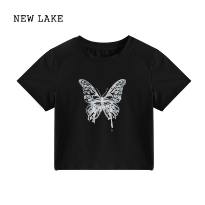 NEW LAKE美式黑色短袖正肩t恤女夏季修身机能风甜辣妹jazz小个子短款上衣