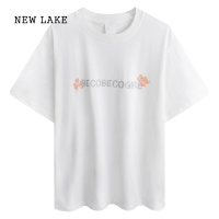 NEW LAKE字母印花短袖女夏季新款纯棉半袖体恤白色宽松休闲上衣深灰色T恤