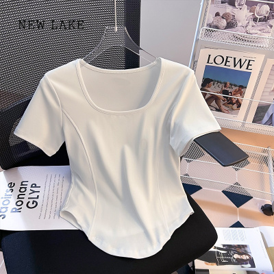 NEW LAKE纯棉方领正肩短袖T恤女夏季款设计感小众修身不规则短款鱼骨上衣